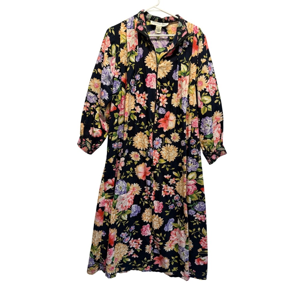 Vintage‎ Christian Dior Robe Floral Cotton Zip Front Petite Black Women